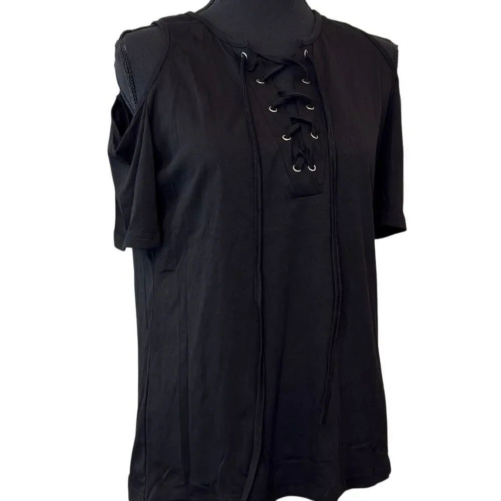 Sematomala Cold Shoulder Pirate Lace-up Front Jersey Black Tee Medium